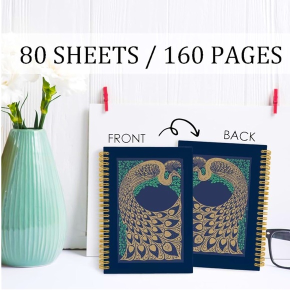 Peacock Spiral Notebook, Vintage, Natural, Antique Journal, 164 pages- 5.5"x8.3" - Picture 5 of 7